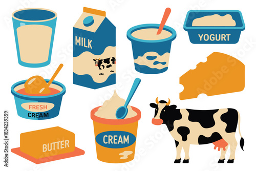 A collection of dairy products, including milk, yogurt, cheese, butter, and cream, alongside a cow.