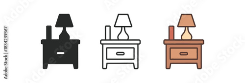 bedside table icons three small table icons with lamp and book grouped one flat solid monochrome one thin black outline black and white one full color flat icon warm cozy palette