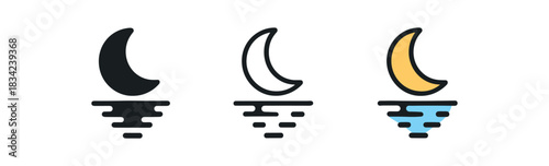 moon reflection icons three moon icons with small ripple water below one flat solid monochrome one thin black outline black and white one full color flat icon blue and