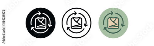 circular fashion icons three looped arrow ring silhouettes around folded garment one flat solid monochrome one thin black outline black and white one full color flat icon gentle green and
