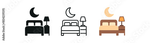 bedroom scene icons three bed with lamp and moon grouped icons one flat solid monochrome one thin black outline black and white one full color flat icon soft warm tones
