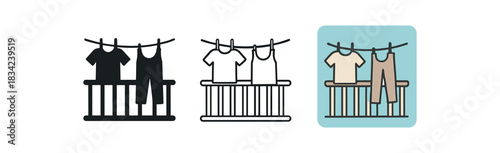 eco laundry line icons three balcony or garden line silhouettes with two or three garments one flat solid monochrome one thin black outline black and white one full color flat icon sky blue