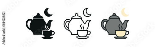 late night tea icons three teapot and cup icons with small moon shape one flat solid monochrome one thin black outline black and white one full color flat icon cream and gray