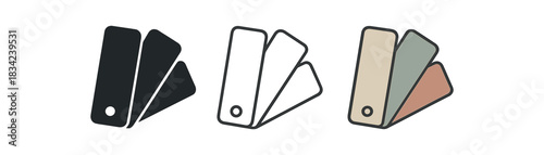 wardrobe color palette icons three fan shape swatch silhouettes with calm tones one flat solid monochrome one thin black outline black and white one full color flat icon beige sage and clay