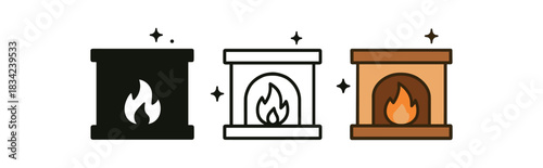 cozy fireplace night icons three fireplace silhouettes with small sparkles one flat solid monochrome one thin black outline black and white one full color flat icon orange and brown