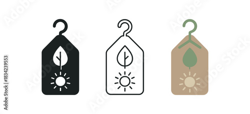 eco closet tag icons three hanging tag silhouettes with hanger leaf and sun pictograms one flat solid monochrome one thin black outline black and white one full color flat icon kraft and