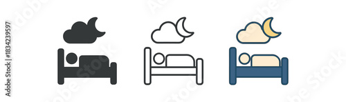 night dreaming icons three bed icons with cloud and moon floating above one flat solid monochrome one thin black outline black and white one full color flat icon deep blue and soft cream