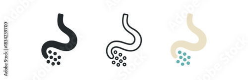 prebiotic icons three icons with curved fiber line feeding tiny microbe dots one flat solid monochrome one thin black outline black and white one full color flat icon beige and teal