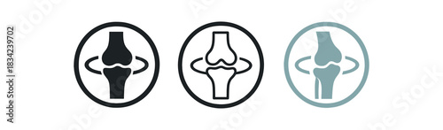 joint support icons three icons with simple knee joint silhouette and ring one flat solid monochrome one thin black outline black and white one full color flat icon soft gray and teal