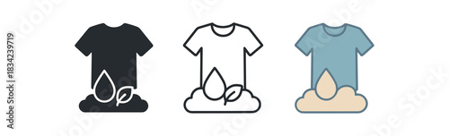 clothing footprint icons three tshirt silhouettes with tiny droplet leaf and cloud underlines one flat solid monochrome one thin black outline black and white one full color flat icon soft