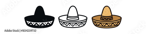 mexican hat icons three sombrero silhouettes with detailed embroidery line one flat solid monochrome one thin black outline black and white one full color flat icon gold and brown