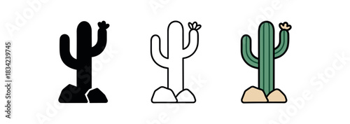 cactus desert icons three cactus silhouettes with small flower and rock base one flat solid monochrome one thin black outline black and white one full color flat icon green and beige