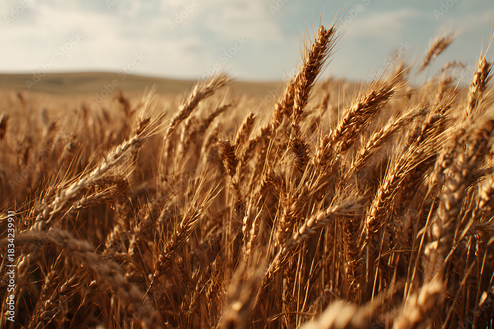 Fototapeta premium Golden wheat swaying in the gentle breeze under a blue sky during sunset in a rural field