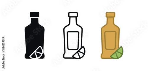 tequila bottle icons three tall bottle silhouettes with small lime wedge one flat solid monochrome one thin black outline black and white one full color flat icon gold and green