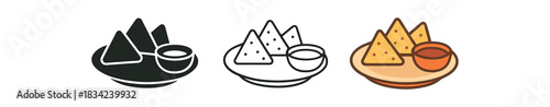 nachos icon sets three plate icons with triangle chips and small bowl one flat solid monochrome one thin black outline black and white one full color flat icon warm tones