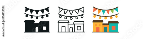 fiesta street icons three street scene silhouettes with flags and lights one flat solid monochrome one thin black outline black and white one full color flat icon bright market tones