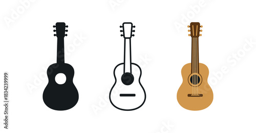 guitar icons three small acoustic guitar silhouettes with hole and pattern one flat solid monochrome one thin black outline black and white one full color flat icon brown and gold