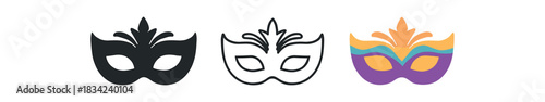 festival mask icons three carnival mask silhouettes with pattern detail one flat solid monochrome one thin black outline black and white one full color flat icon bright mixed colors