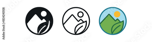 natural origin icons three icons with mountain sun and leaf combined emblem one flat solid monochrome one thin black outline black and white one full color flat icon green blue and