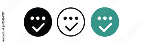 minimal ingredient icons three icons with three tiny dots inside circle and simple checkmark one flat solid monochrome one thin black outline black and white one full color flat icon teal