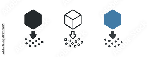 fast dissolve icons three icons with cube or pellet breaking into small particles with arrow down one flat solid monochrome one thin black outline black and white one full color flat icon