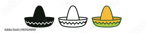 cinco de mayo sombrero icons three sombrero silhouettes with simple trim pattern one flat solid monochrome one thin black outline black and white one full color flat icon warm and green