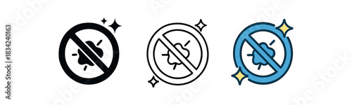 no residue icons three icons with shiny surface and few sparkles crossed tiny dust speck one flat solid monochrome one thin black outline black and white one full color flat icon blue and