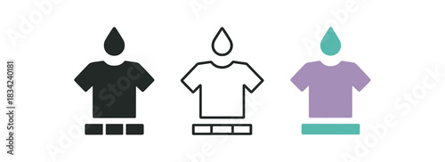 color safe icons three icons with droplet above simple tshirt silhouette and intact color bar one flat solid monochrome one thin black outline black and white one full color flat icon lilac