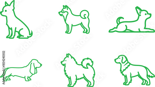Set of Minimalist Green Dog Breed Illustrations on White Background for Creative Design and Decorative Elements Perfect for Pet Lovers and Graphic Designers