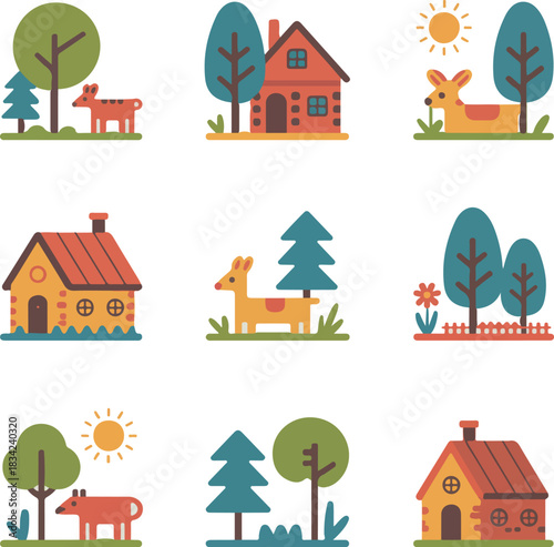 Collection of nine colorful vector illustrations depicting houses trees deer and sun in a natural setting