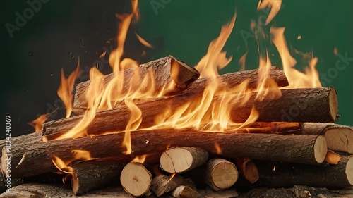 Vibrant flames dance on a stack of burning logs, casting a warm, inviting glow that creates a cozy, rustic atmosphere for serene outdoor evenings and relaxation