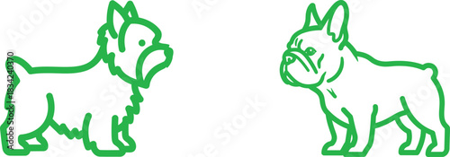 Two Dog Breeds Terrier and French Bulldog in Green Line Art Style with Simple Graphic Design and Modern Artistic Presentation against White Background