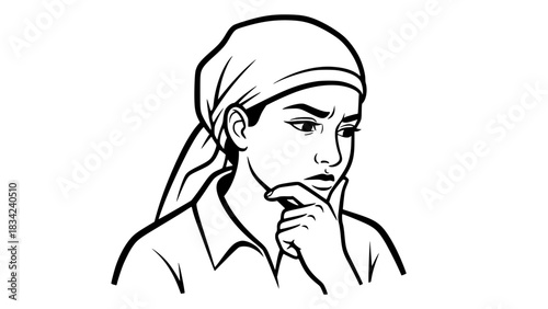 Vector of a person with hand on chin, thinking expression, clean line art, isolated, stock illustration style