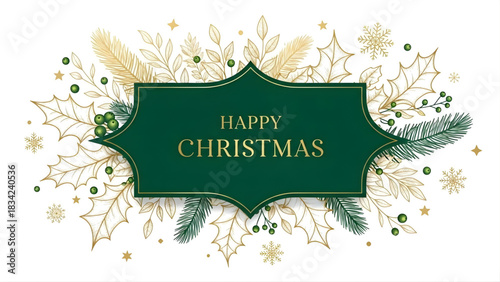 Holiday Flourish: A festive Christmas design, featuring an elegant Happy Christmas message framed by intricate botanical elements, evoking warmth and joy.