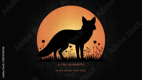 Silhouette of a fox standing in grass with flowers against a large orange moon
