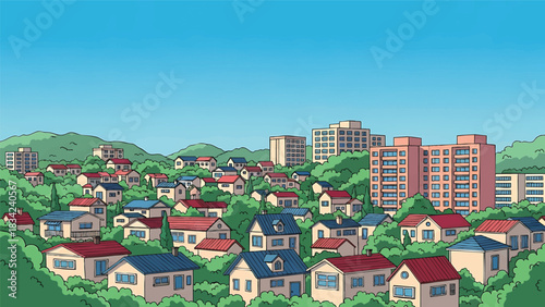 Cartoon suburban neighborhood illustration with houses buildings and bright clear sky
