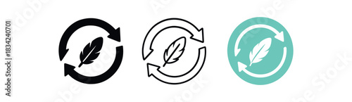 gentle cycle icons three icons with circular arrows and small feather inside one flat solid monochrome one thin black outline black and white one full color flat icon mint and white