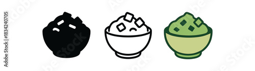 guacamole bowl icons three small bowl silhouettes with simple avocado chunk shapes one flat solid monochrome one thin black outline black and white one full color flat icon green and beige