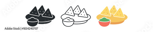 nachos plate icons three plate silhouettes with triangle chips and simple sauce shape one flat solid monochrome one thin black outline black and white one full color flat icon red and green