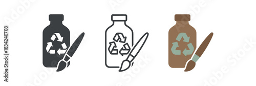 upcycle craft icons three bottle jar and paint brush silhouettes one flat solid monochrome one thin black outline black and white one full color flat icon brown and sage