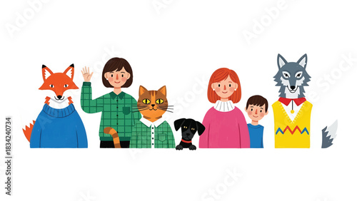 Cheerful human and animal characters illustration creates a whimsical and friendly vibe