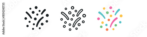 fiesta confetti icons three cluster silhouettes of small dots and shapes radiating one flat solid monochrome one thin black outline black and white one full color flat icon mixed bright