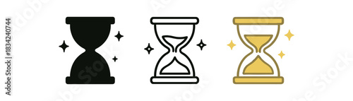 long lasting icons three icons with hourglass and tiny sparkles one flat solid monochrome one thin black outline black and white one full color flat icon beige and gold