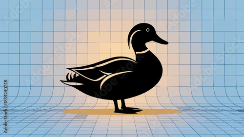 Black duck silhouette standing on a sandy patch against a tiled background