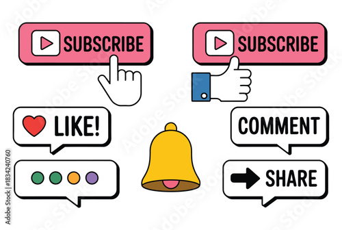 Social media engagement buttons for subscribing, liking, commenting, and sharing with a notification bell