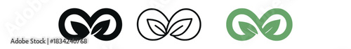 reusable symbol icons three icons with infinity sign built from two leaves one flat solid monochrome one thin black outline black and white one full color flat icon bright green