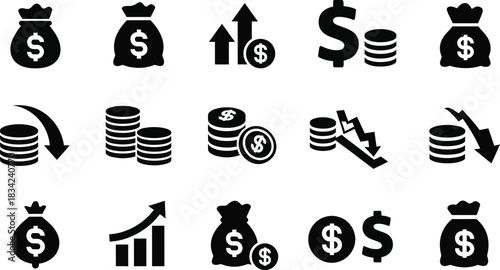 Collection of black and white money and finance icons