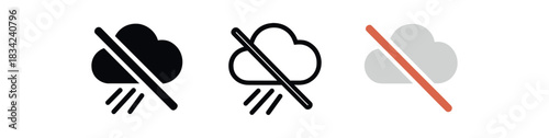 no aerosol cloud icons three icons with stylized spray cloud and tiny diagonal bar one flat solid monochrome one thin black outline black and white one full color flat icon light gray with