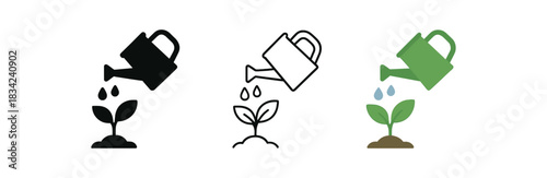forest regrowth icons three sapling seed and watering can silhouettes one flat solid monochrome one thin black outline black and white one full color flat icon green and brown