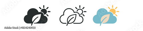 clean air icons three cloud leaf and sun silhouettes one flat solid monochrome one thin black outline black and white one full color flat icon sky blue and beige